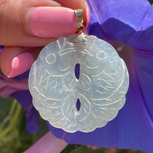 14K Yellow Gold Carved Jade Pisces Pendant